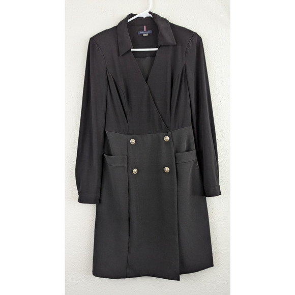 Tommy Hilfiger sz 2 Faux Wrap Dress black slinky stretchy long sleeves 0100 - Picture 1 of 6